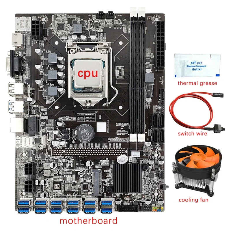 

BTC B75 12 GPU Mining Motherboard+CPU+Fan+Thermal Grease+Switch Cable 12 USB3.0 To PCIE 1X Slot LGA1155 DDR3 RAM SATA3.0