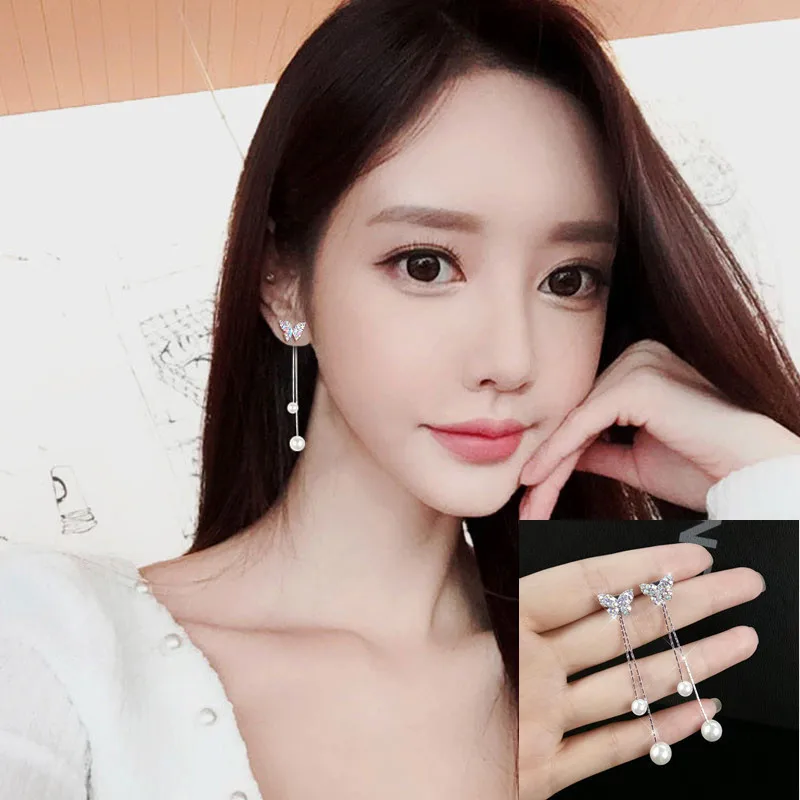 

925 Silver Stud Bow Earrings Female Temperament Long Pearl Butterfly Pendant Personalized All-Match Eardrop for Women