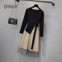 ehqaxin women elegant office dress spring 2022 fashion black long sleeve high waist patchwork polka dot mesh dresses l 4xl