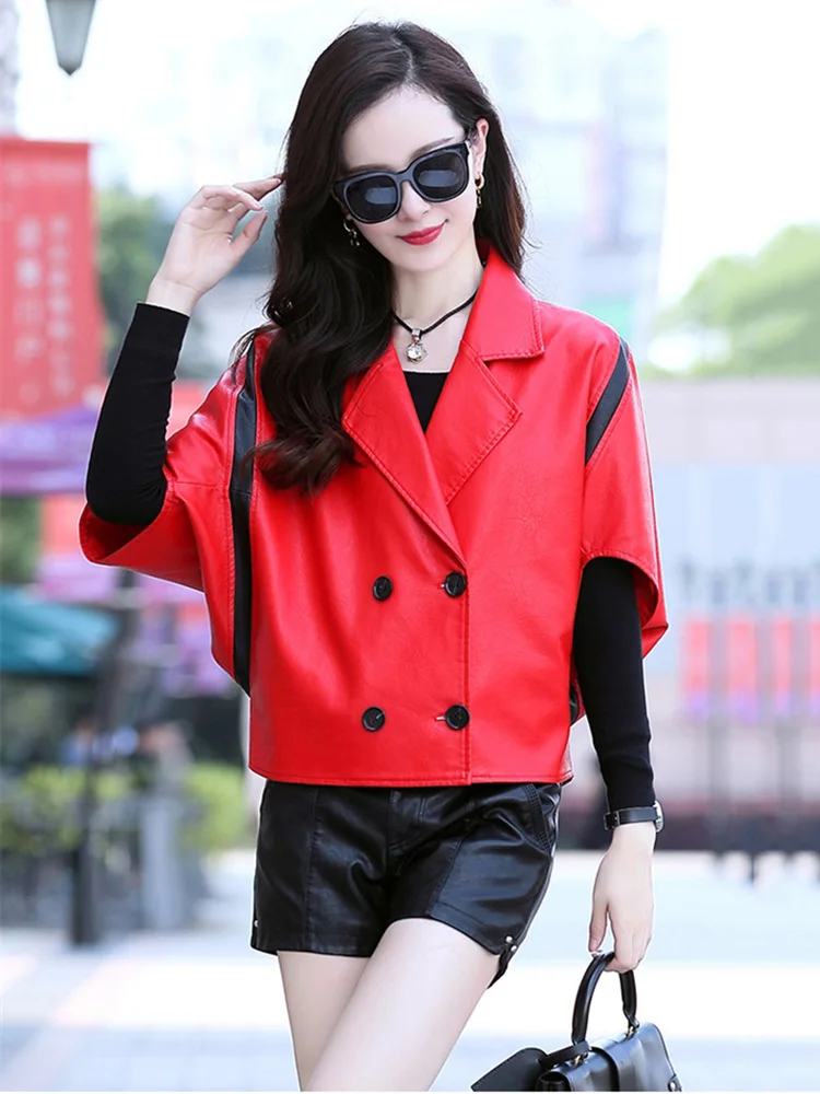 Spring Autumn Lapel Splicing Leather Jacket 2022 New Chic Women Batwing Sleeve Soft Short Sheepskin Coat Casual Loose Outerwear