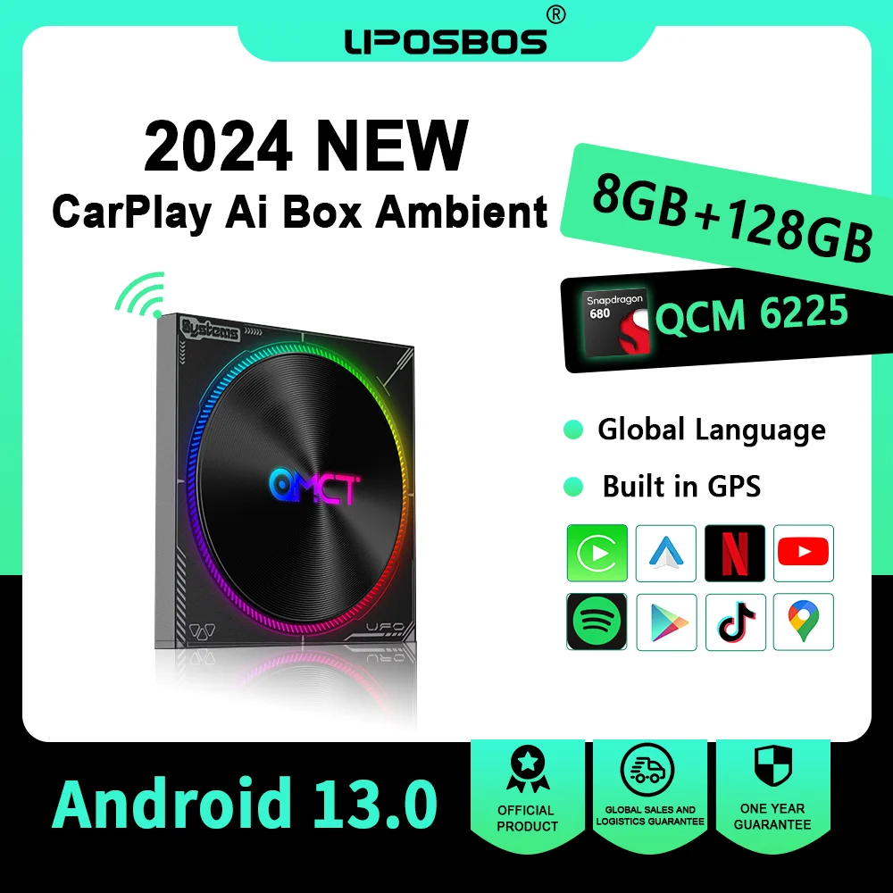 UPOSBOS Carplay Ai Box Android 13 окружающая стандартная беспроводная Автомобильная QCM6225 8 ГБ +