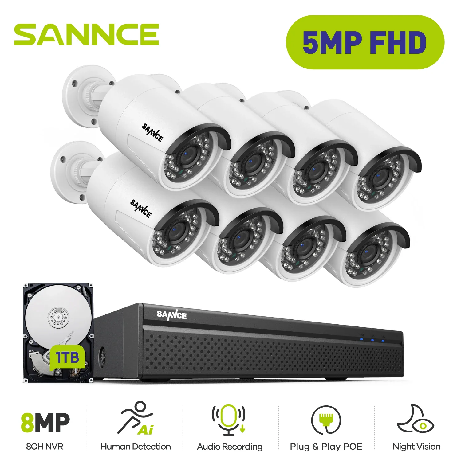 SANNCE H.265+ 8CH 5MP POE Security Camera System Kit 8PCS 5MP HD IP Camera Outdoor Waterproof CCTV Video Surveillance NVR Set
