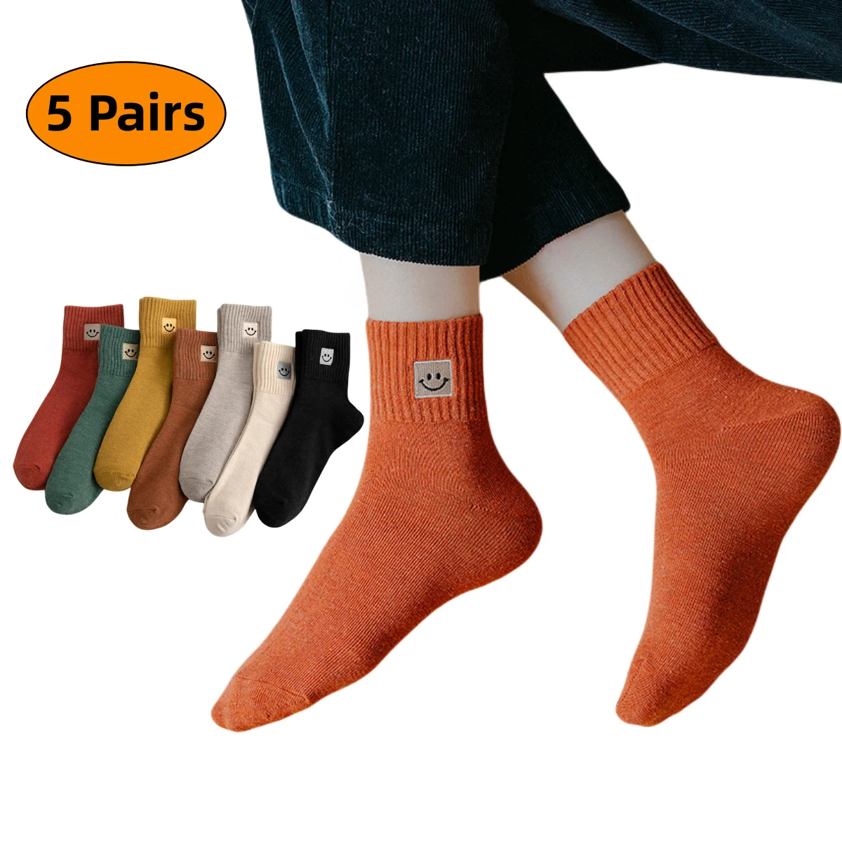 

Fashion Black Woman Socks Smile Embroidery Cotton Cute Socks Girls Solid Colour Warm Breathable Casual Funny Sock 5 Pairs