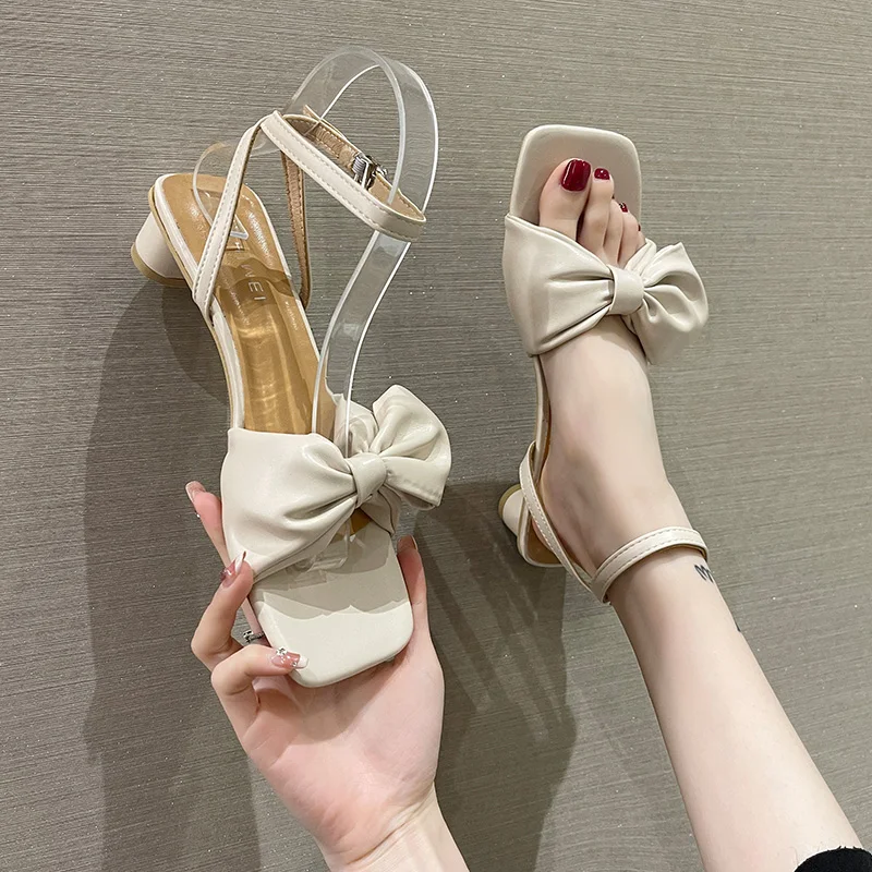

Female Sandal Comfort Shoes for Women High Heels Med Buckle Strap Girls High-heeled Clear Medium Bow Beige Fashion Block 2022 So