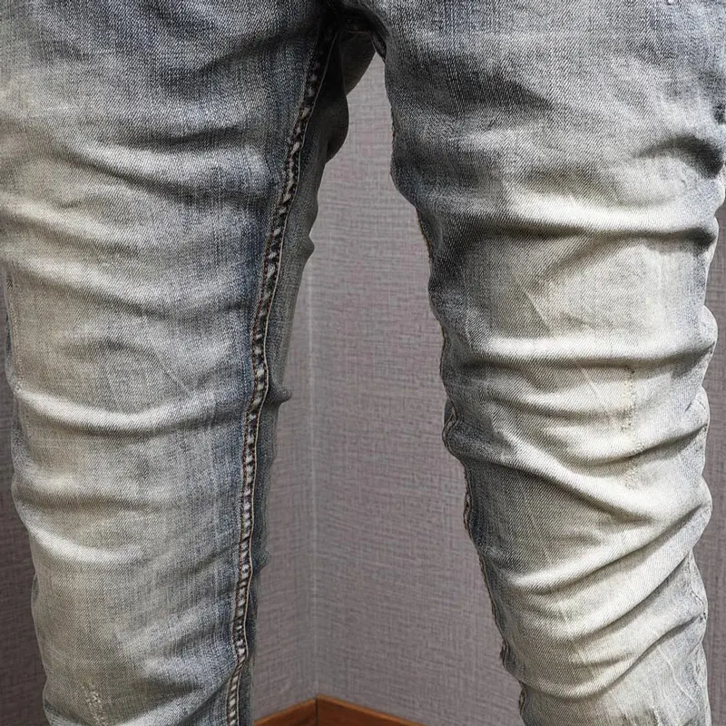 Fashion Designer Men Jeans High Quality Retro Washed Blue Elastic Stretch Slim Fit Ripped Jeans Men Vintage Denim Pants Hombre