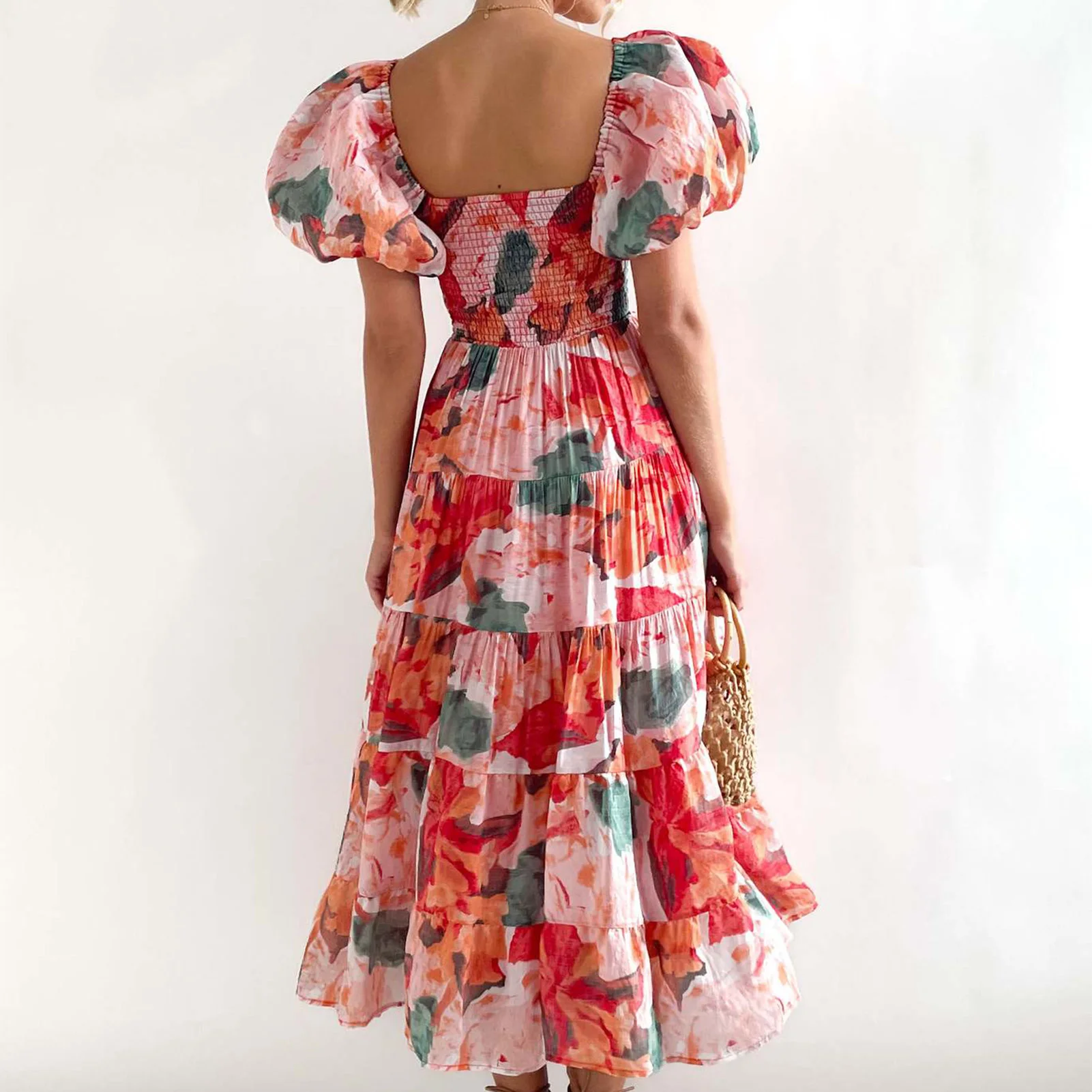 

Женское платье с пышными рукавами, длинное платье-пуловер с цветочным принтом и оборками, элегантный повседневный шикарный пляжный сарафан с эластичной высокой талией на лето