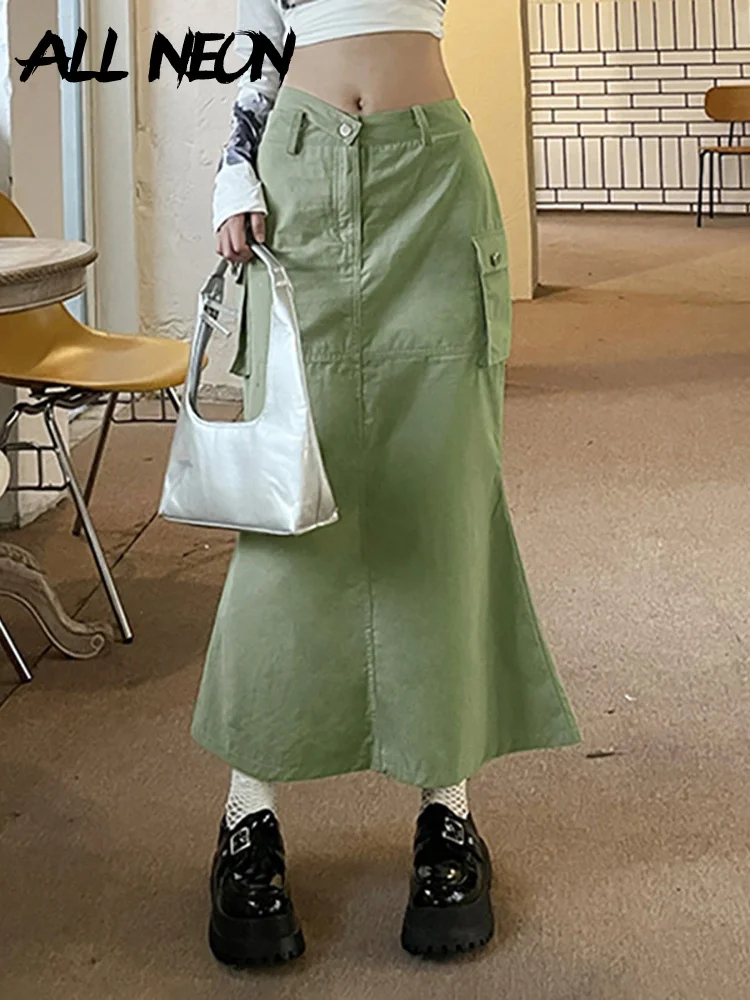 

Винтажная юбка-годе в стиле 90-х с вырезами и высокой талией, зеленая юбка-годе с карманами и разрезом на подоле, длинная ретро-одежда