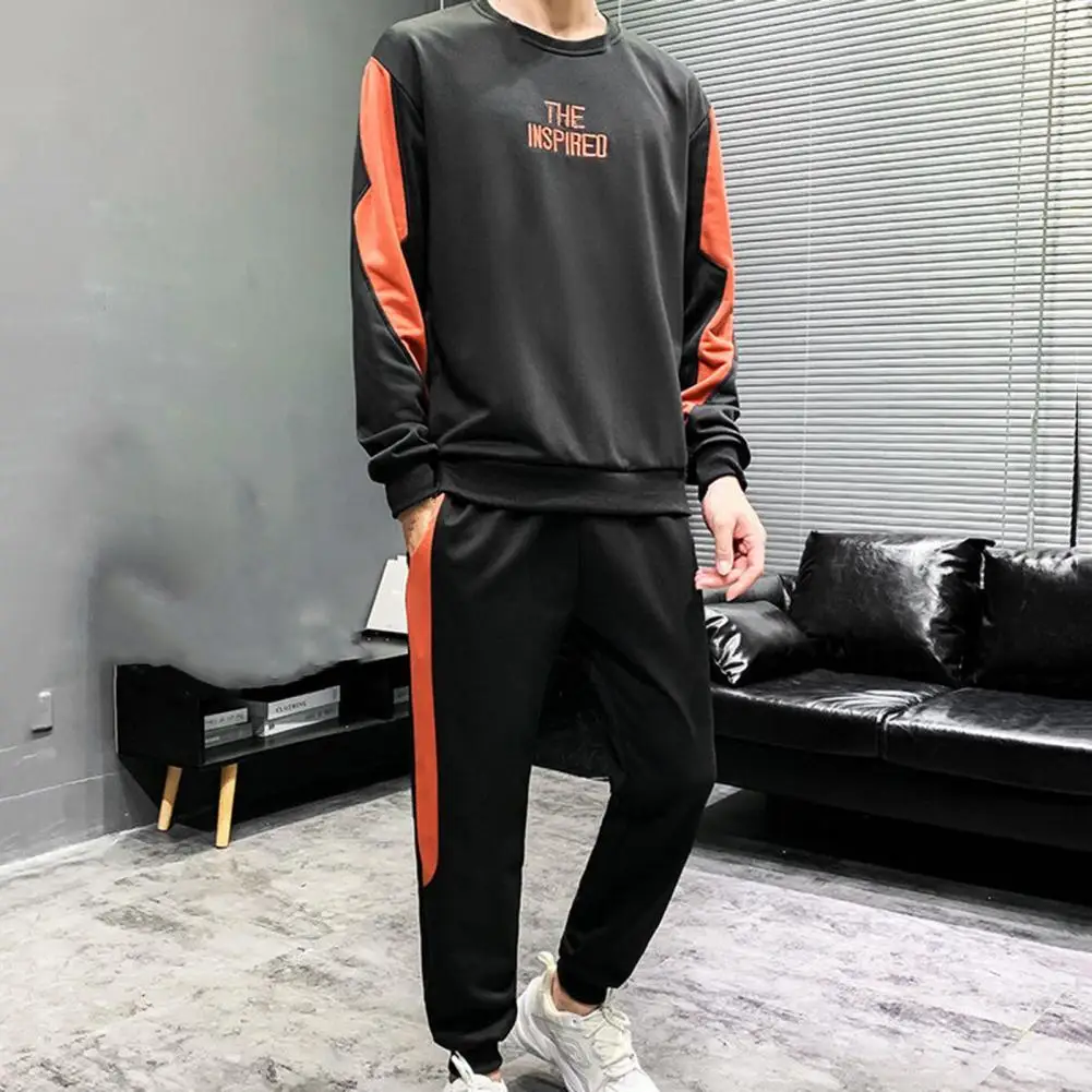 

Костюм спортивный мужской с круглым вырезом, Свитшот в стиле пэчворк, брюки с вышивкой, контрастные цвета, костюм для бега, весна-осень, 2 шт./...