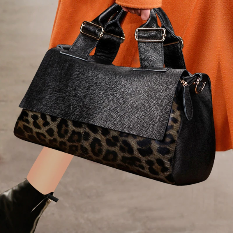 

Fashion Genuine Leather Big Tote Handbags Leopard Pattern Soft Cowhide Travel Tote Ladies Long Strap Shoulder Weekend Bags