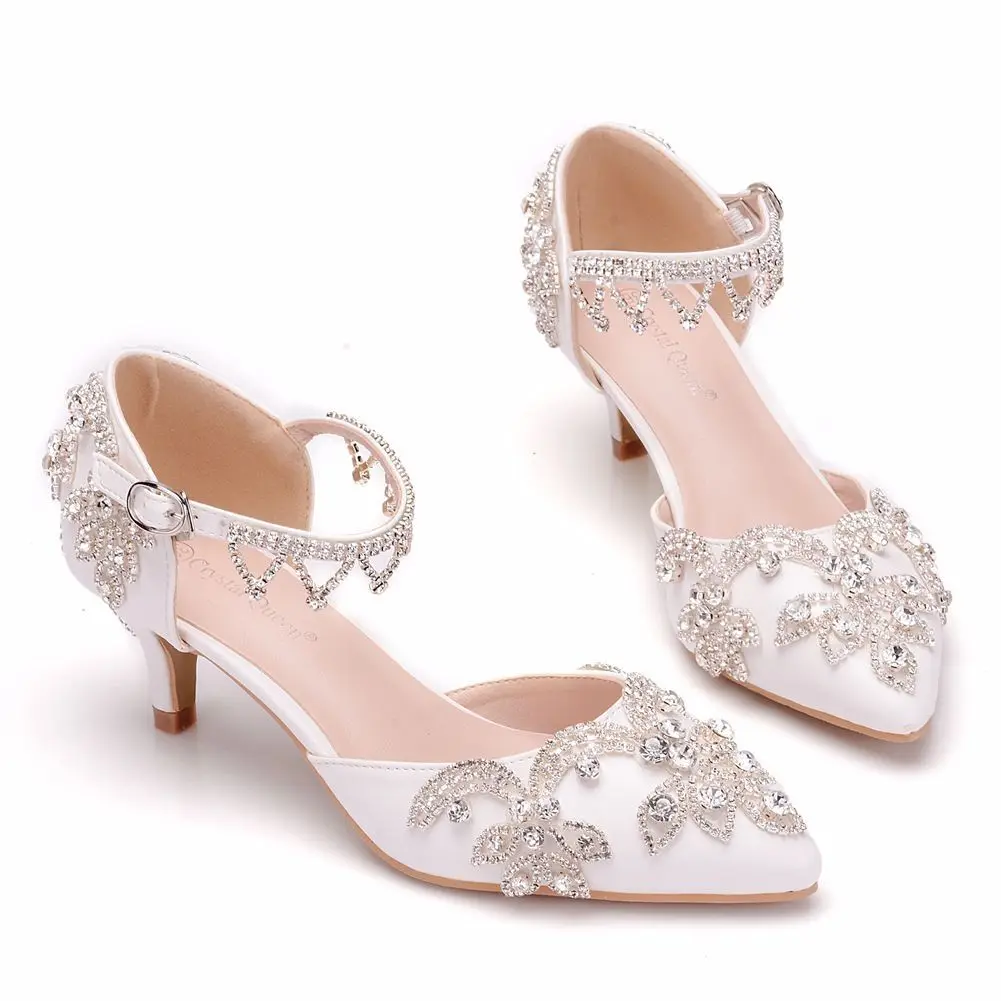 

5cm white rhinestone stiletto sandals with pointed toe tassels low heel low heel sandals women crystal wedding shoes