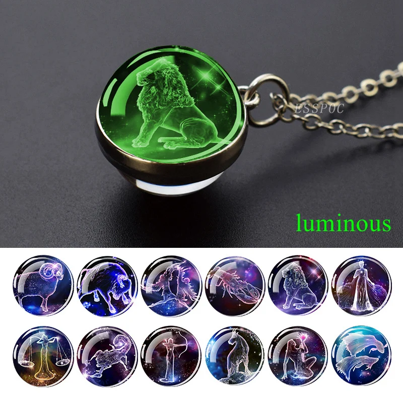 

12 Constellation Luminous Necklace Glass Ball Pendant Zodiac Jewelry Glow In The Dark Necklace Men Women Birthday Present