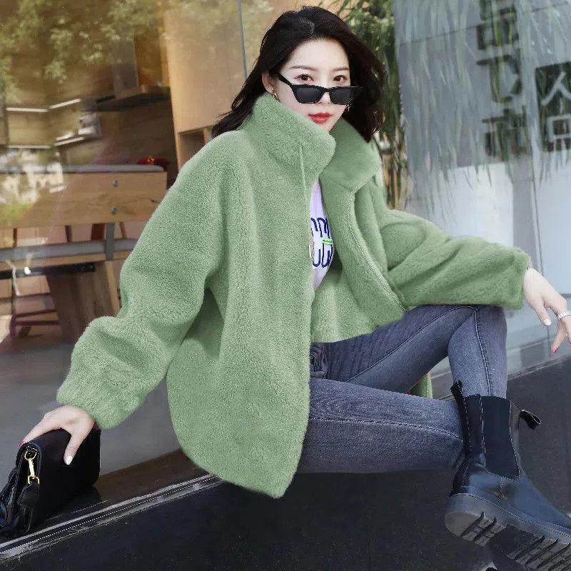 

Coat autumn and winter loose plush and thick high neck zippered sweater for women