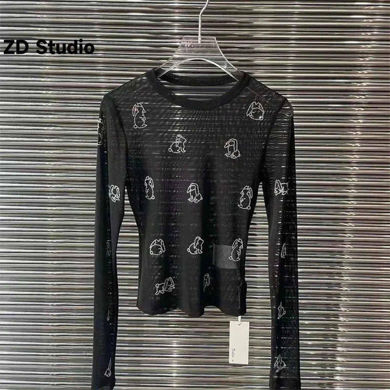 

[ZD Studio] Original Standard Early Spring New Black Tulle Mesh Hot Diamond Rabbit Long Sleeve Bottom T-shirt Round Neck T-shirt