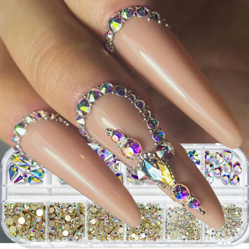 

3D Rhinestone Nail Art Decoration 12 Girds Multi Color Diamond AB Flatback Mixed Size Crystal Gems Glitter Luxurious Nail Tools