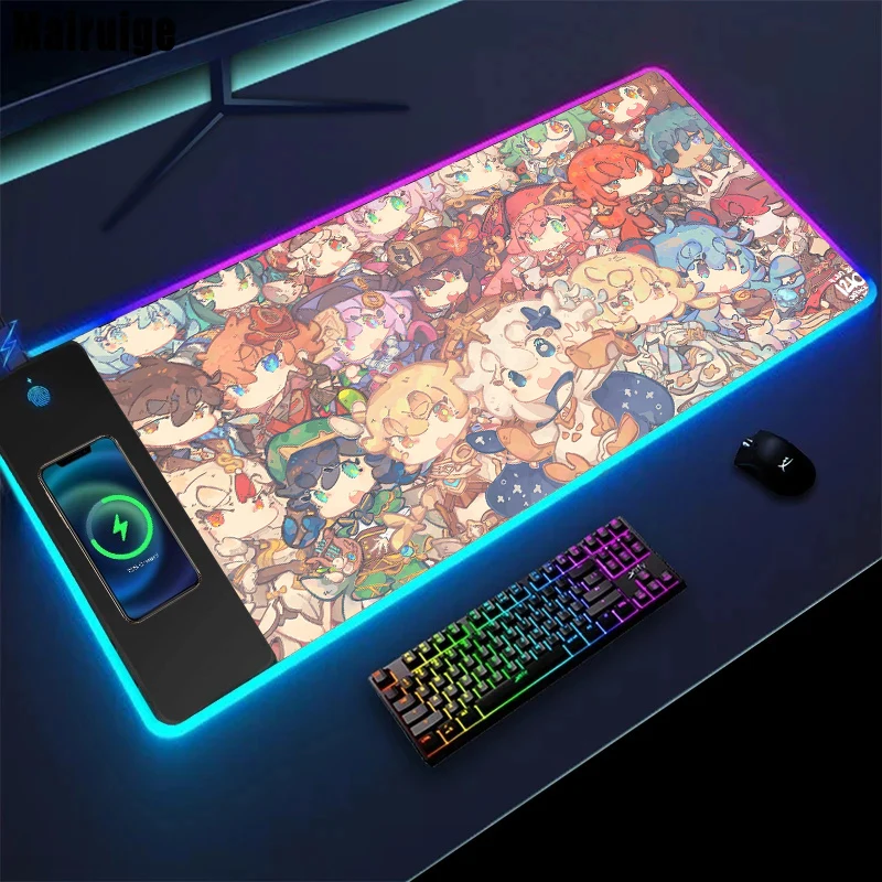 Pc Gamer Jr-pencil Kawaii Cartoon Characters Office Accessories Wireless Charging Genshin Impact Anime Mouse Pad Desk Mat Xxl
