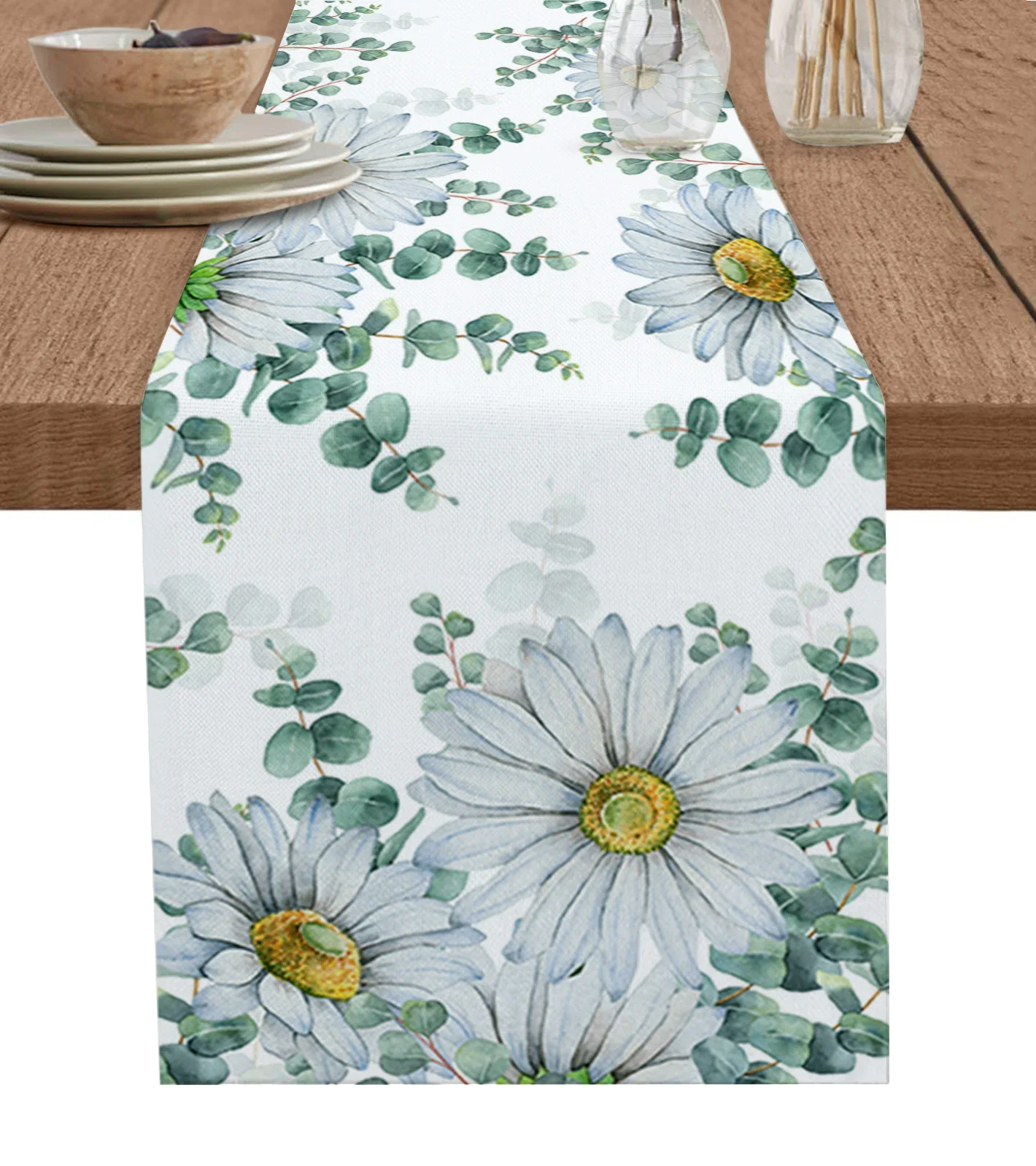 

Farmhouse Eucalyptus Leaves Daisy Table Runner Kitchen Dining Table Decor Tablecloth Wedding Holiday Decor Table Runner