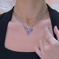 foydjew luxury love heart amethyst necklaces for women 2022 new trend butterfly purple zircon double layer link chain necklace