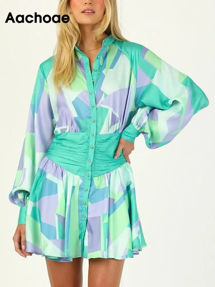 

Aachoae Women Casual Tie Dye Printed Mini Dresses Fashion Stand Collar Long Sleeve Dress Ladies Single Breasted A Line Dress