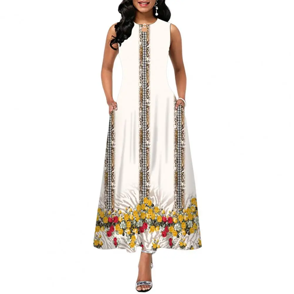 

Summer Stylish A-Line Long Dress Elegant Women Sundress Round Neck for Beach