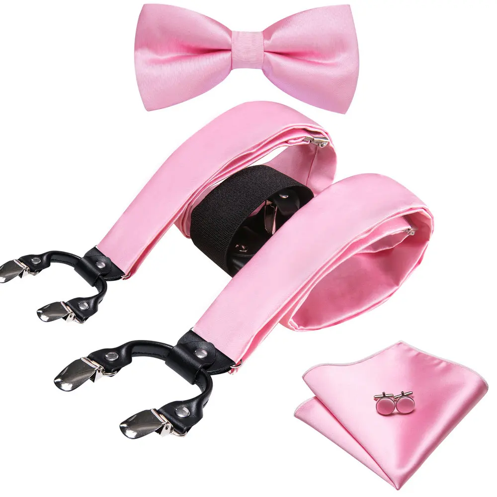 

Barry.Wang Pink Men Suspenders With Bowtie Handkerchief Cufflinks Sets Classic Silk Adjustable 6 Clips Belt Groom Gifts Designer