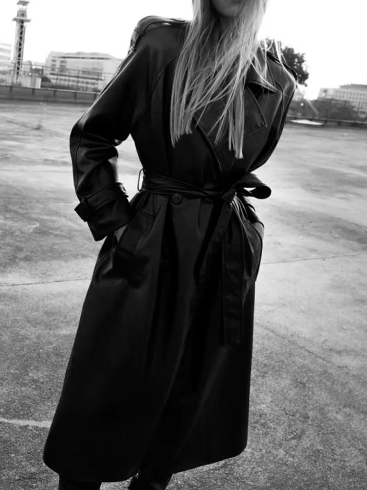

Kumsvag 2022 Autumn Winter Women PU Trench Coats Fashion Solid Sashes Bow Overcoat Female Elegant Street Outerwear Clothing