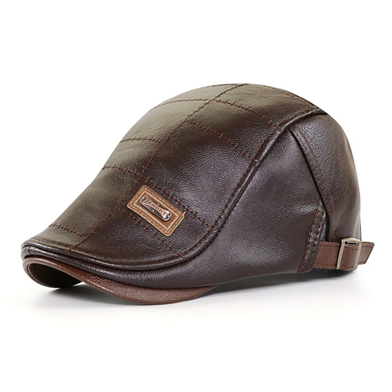 

Fashion PU Leather Caps Windproof Man Beret Bandage Hat Spring Flat Cap Casquette Warm Side Strap Boina Masculina