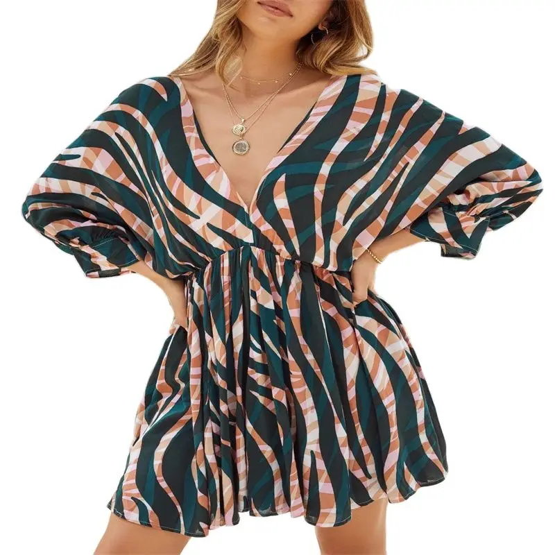 

2022 Autumn High Quality Hot Sale Ladies Fashion New Color Stripe Printing V-Neck Tie Long-Sleeved Dress