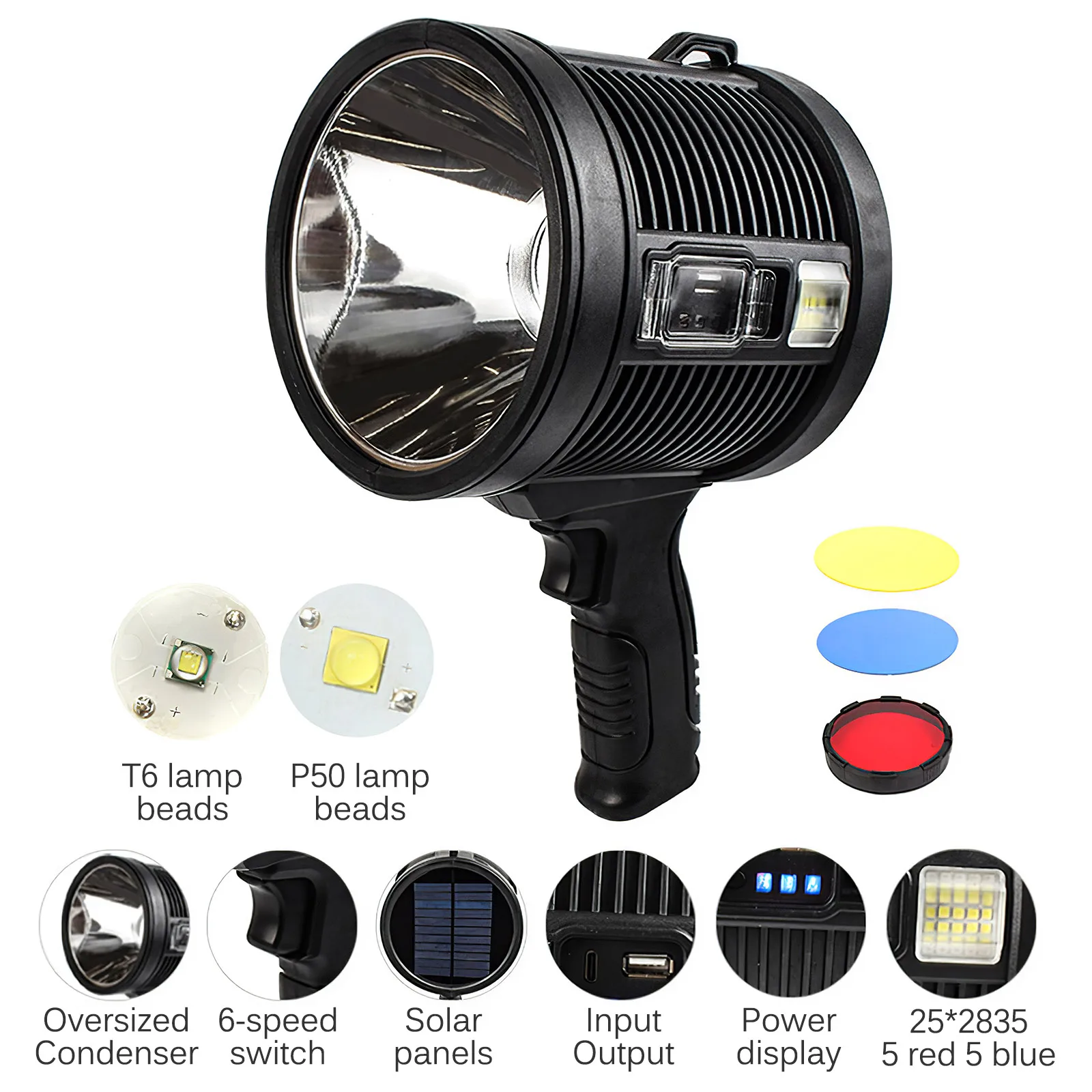 

Handheld Searchlight Type-C Torchs Light Solar Charging Handheld Torch Rechargeable Handheld Searchlight With 3600mAh Battery