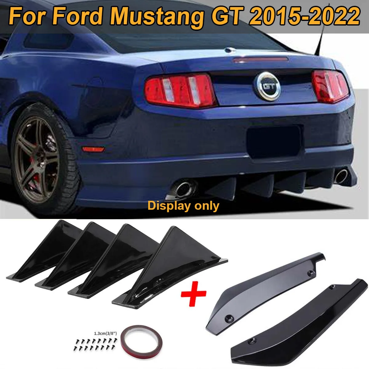 

Universal For Ford Mustang GT 2015-2022 40cm Rear Bumper Splitter Cover + Curved Diffuser Shark Fins Spoiler Set Car Accessories