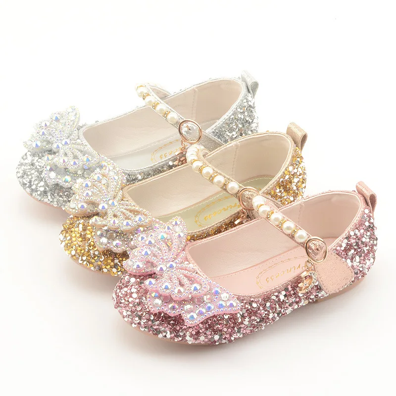 Princess Shoes Rhinestone Big Bow New Beaded Crystal Children's Shoes Soft Bottom Baby Shoes enlarge