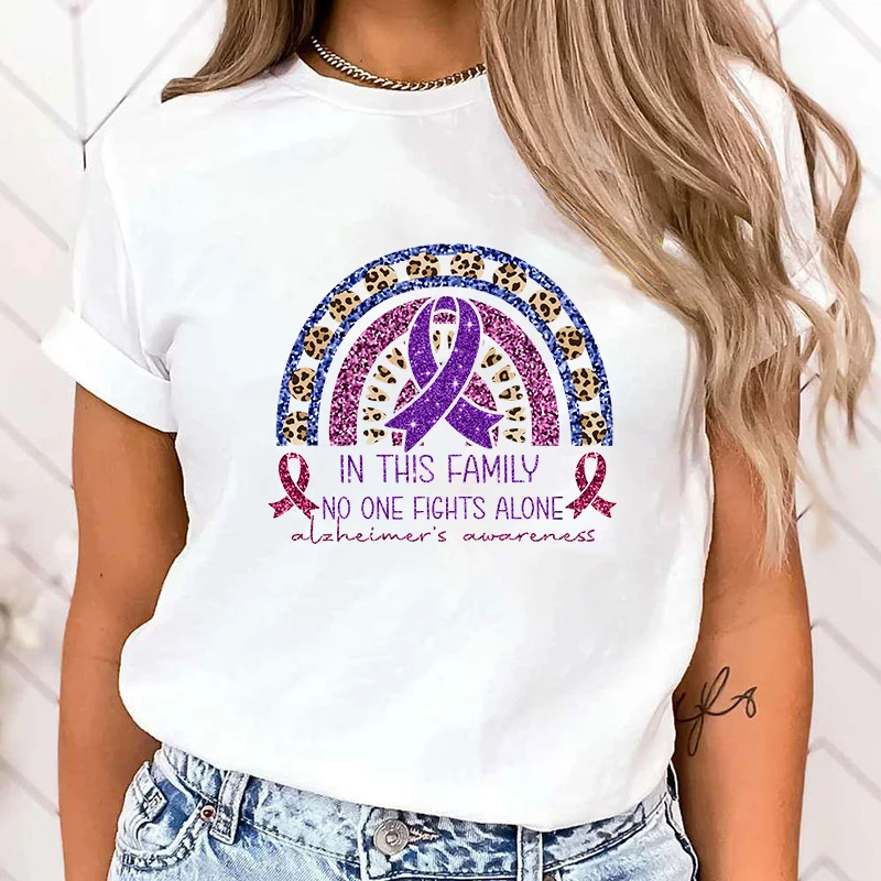 

New Fashion in this family no one fights alone alzheimer's awareness Print Graphic T Shirt Fashion Casual Short Sleeve Shirt Tee