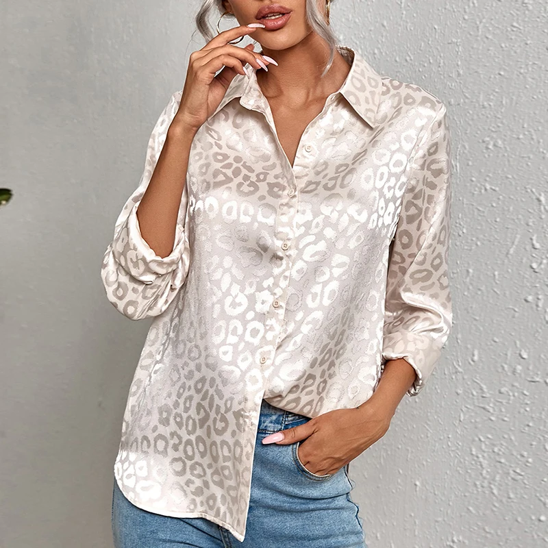

Loose Casual Leopard Print Satin Blouse Women Fashion Silk Shirt Women Long Sleeve Button Office Woman Shirts Tops Blusas 19169