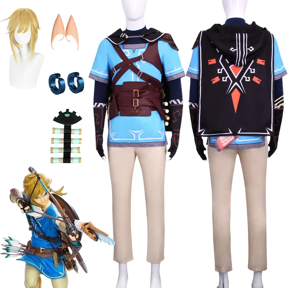 Легенда Слезы Королевства Link Косплей Костюм Зельда Парик Синяя Туника Плащ