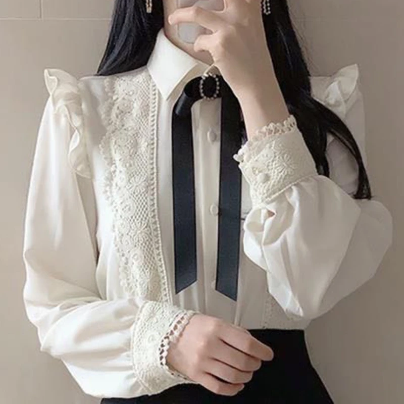 

Ruffled Autumn Spring Basic Office Lady Work Wear Shirts Blouses Women Solid Peter Pan Collar Bowknot White Top
