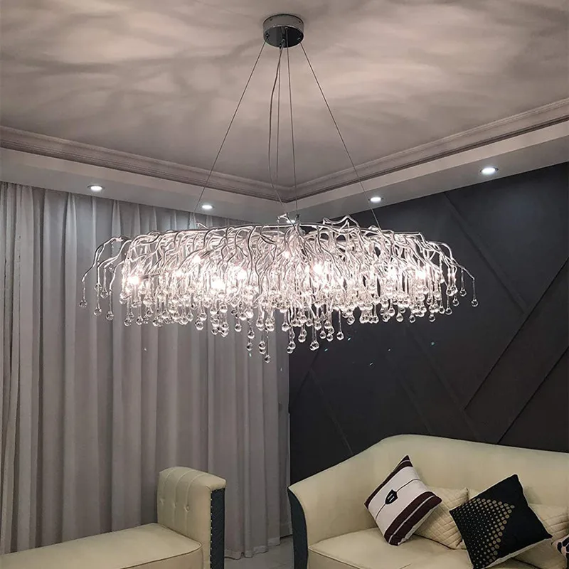 

Modern Chrome Rectangular Chandelier for Kitchen Crystal Lamp Restaurant Foyer Pendant Raindrops Long Sliver Lighting Fixture