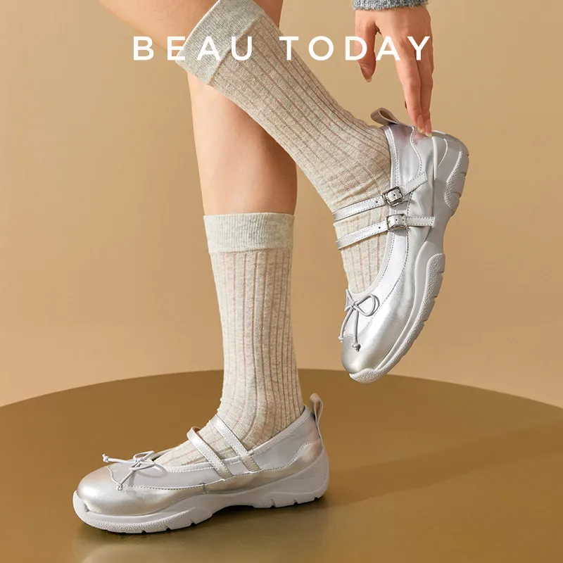 Фото BEAUTODAAY Мэри Джейн женская балетная обувь из натуральной кожи с бантом-бабочкой Украшение на ремешке модные милые балетки для женщин 25712 №1