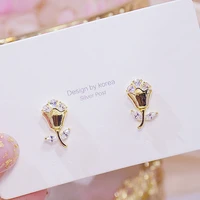 exquisite 14k gold plated rose shaped women earrings cubic zirconia temperament feminia stud earring wedding jewelry gift