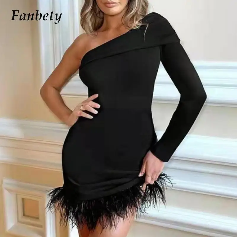 

Элегантное облегающее платье с длинным рукавом и перьями, соблазнительное мини-платье с косым вырезом и открытыми плечами, женское модное в...