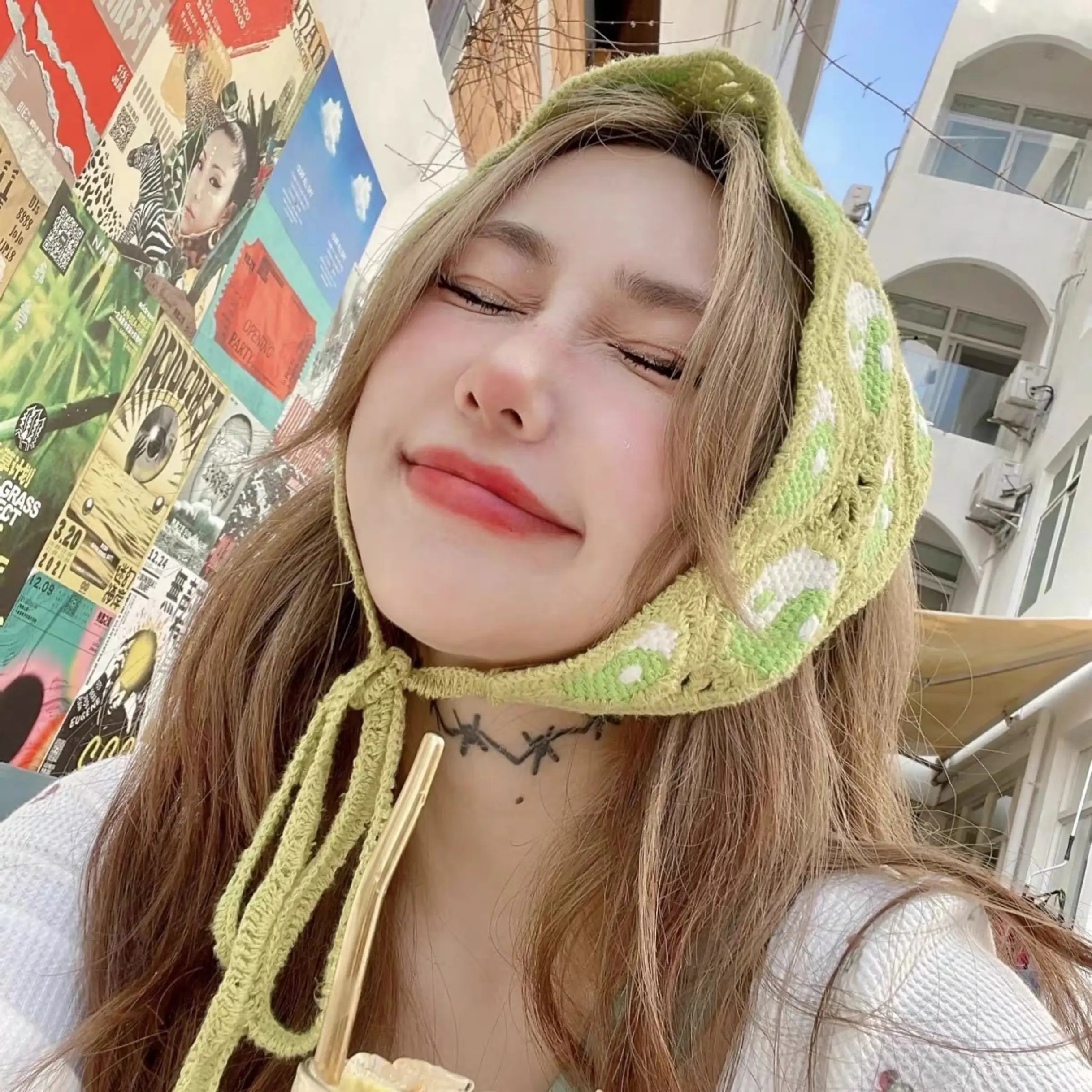 

Triangle Bandana Turban Crochet Hair Scarf Tai Chi Cheery Hairband Knitted Headband for Women Trend Y2K Hair Accessory