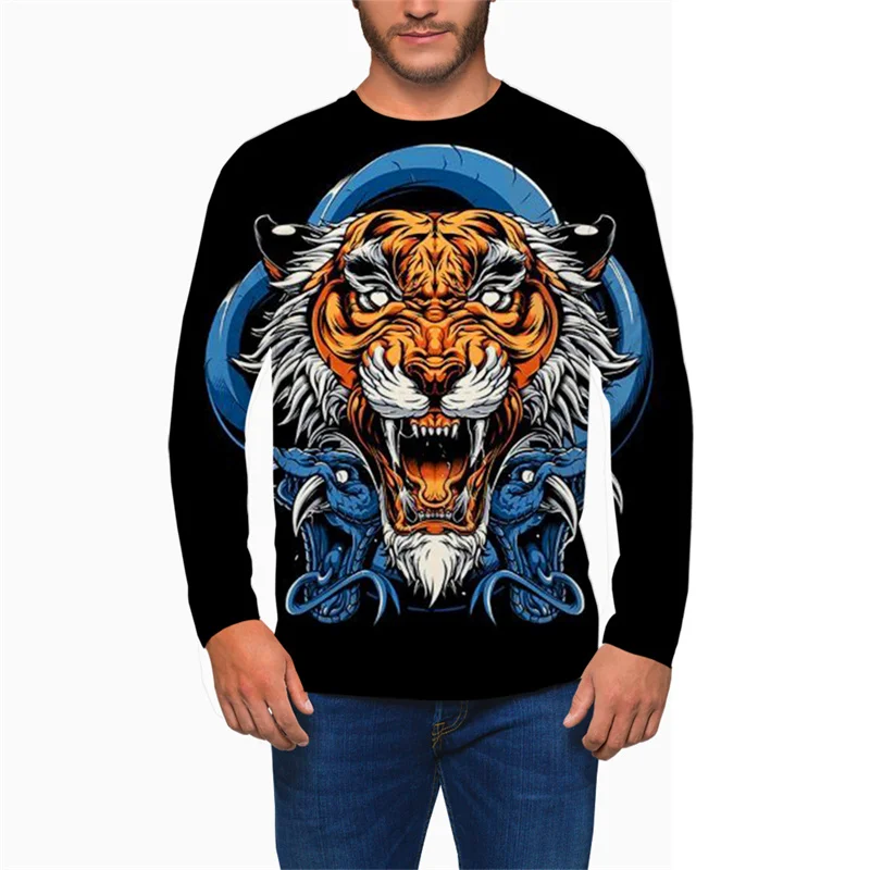 

Men Autumn New Long Sleeve Casual Tshirt Tiger Coloured Drawing Printed Round Neck Fashion Tees Male Oversized Streetwear Tops