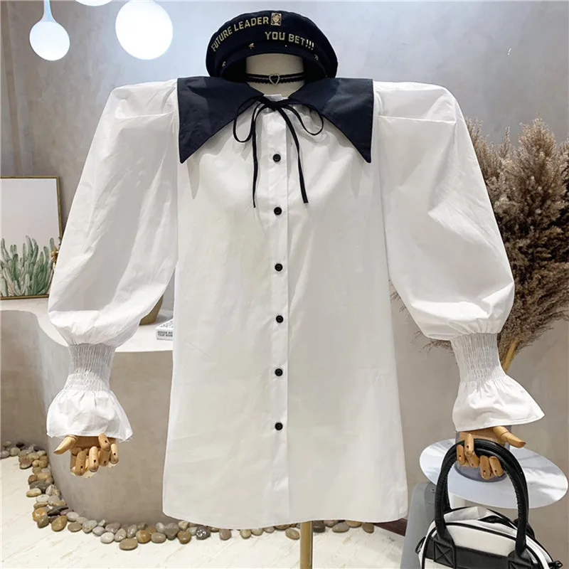 

New Women's Clothing 2022 Spring Retro contrast color doll Neck Long Sleeve Shirt versatile loose bottomed top