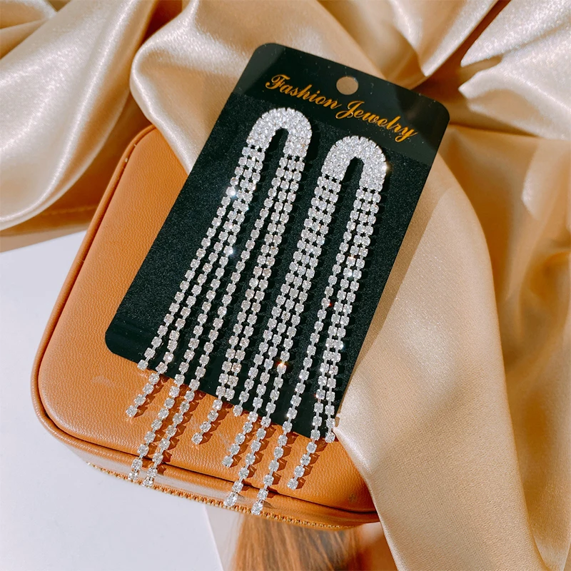 

Wedding Engagement Luxury Full Rhinestone Shiny Crystal Long Tassel Earrings for Women Drop Dangling Earrings Party Jewelry
