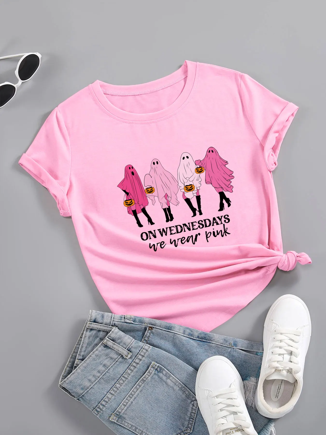 

On Wednesdays Carton Ghost Print Women T Shirt Halloween Shirt Funny Summer Casual Cotton Tee