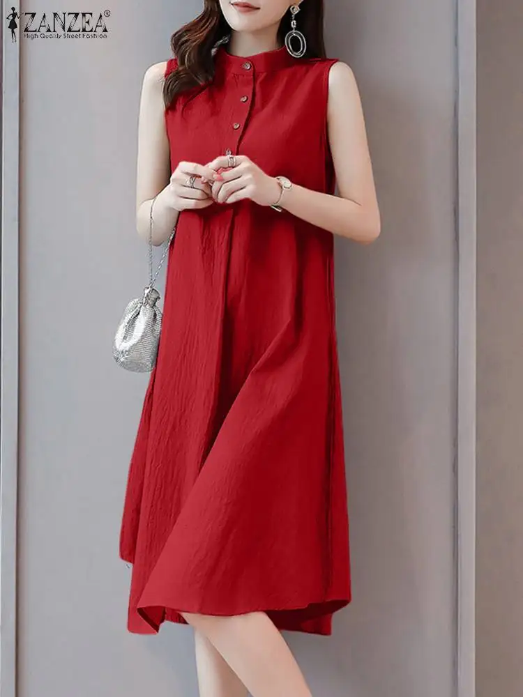 

ZANZEA Women Elegant Sleeveless Office Work Sundress Fashion Summer Solid A-line Dress Casual Loose Party Beach Vestido Sarafans