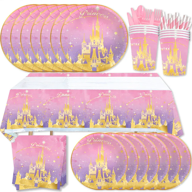 

Pink Princess Castle Theme Birthday Party Disposable Tableware Set Tablecloth Plate Napkin Happy Birthday Party Decor Kids Girl