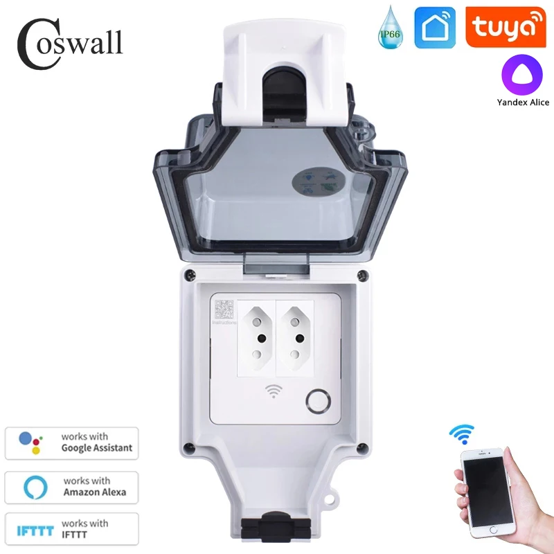 Coswall Tuya Wifi Controle de Voz Ip66 à Prova Impermeável Água 15a Brasil Brasil Soquete Temporizador Interruptor Programável Trabalho com Alexa Google Casa Soquetes elétricos