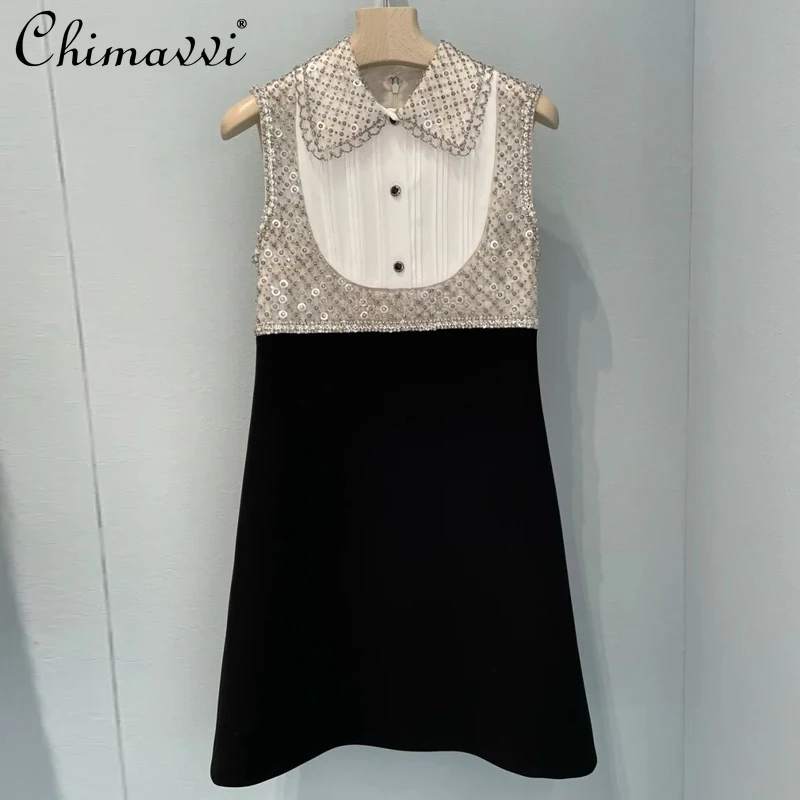 

2022 Spring Clothes New High-End Heavy Beaded Sleeveless Dresses Women Fashion Polo Collar Slim Short Temperamental Dress