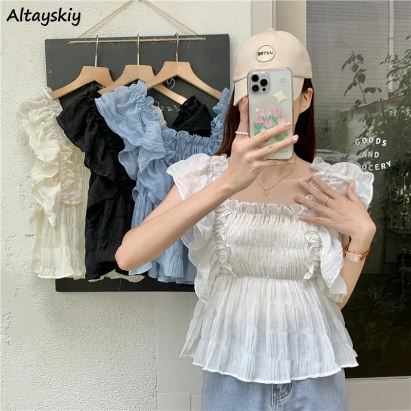 

Blouses Women Cropped Ruffles Flying Sleeve Slim Kawaii Summer New French Style Basic Girlish All-match College Young Ins Блузки