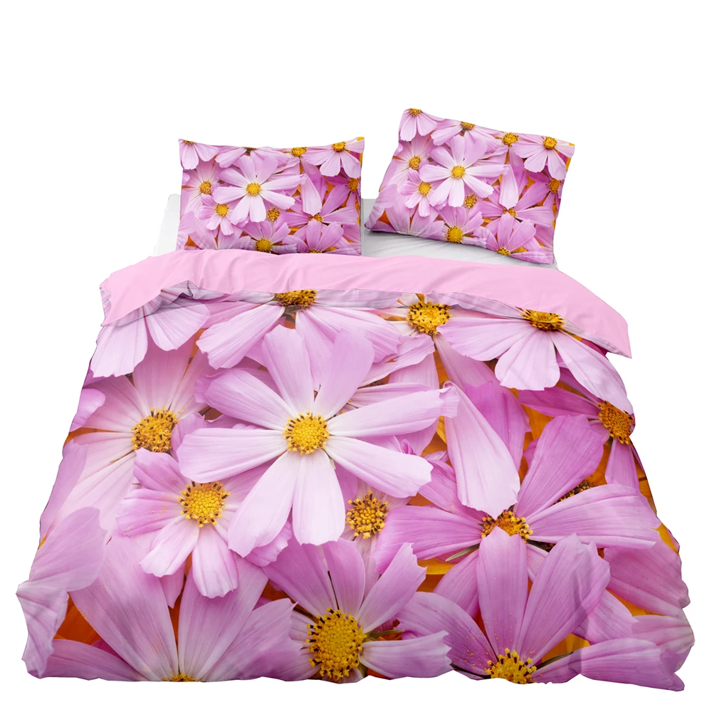 

Pink Daisy Print Bedding Set Bright Girlish Duvet Cover for Home Decoration Luxury Soft Set for Double King Size with Pillowcase
