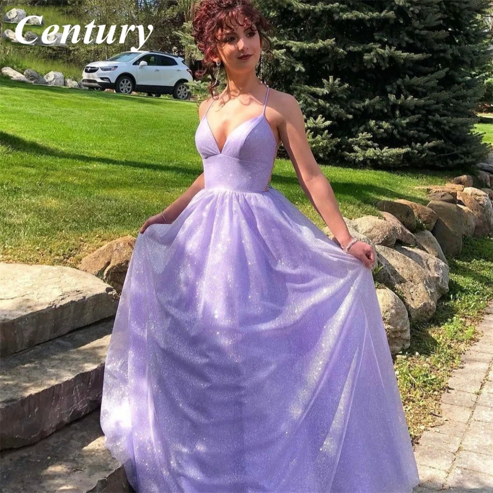 

Century Sexy Glitter Purple V-Neck Evening Dress Long A-Line Criss Cross Back Abendkleider Robes de Soirée Prom Gowns For Women